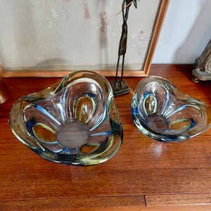 2 Matching Vintage Murano Glass Bowls - Mid Century - Hand Blown - Heavy - Blue Green
