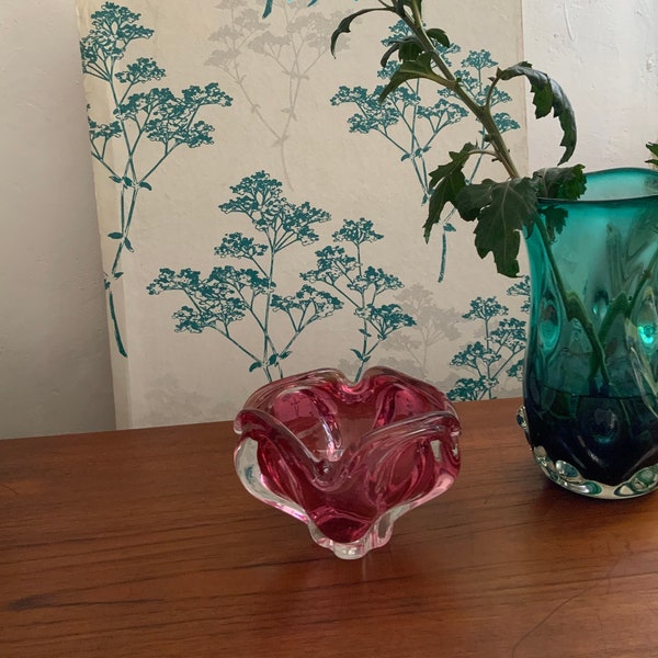 Josef Hospodka Chribska Glass Bowl - Pink Rose Mid Century - Vintage - Czech