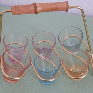 Rainbow coloured Liquor glasses  in atomic stand with wooden handle - Mid Century