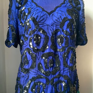 Vintage Silk Sequin Top- Royal Blue- Size M