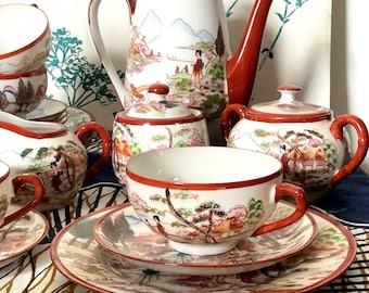 Vintage Japanese Geisha Tea Set – Lithophania Porcelain, Hand-Painted