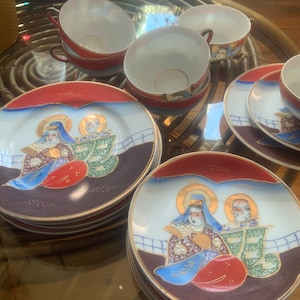 Japanese Tea Service -  Kutani - Antique -  Hand Painted  Dragon motifs - Lithophania Geisha Porcelain, Vintage Japan ca. 1940ies/50ies