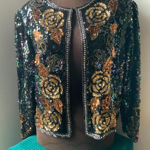 Vintage Bohemian Evening Jacket - Black, Gold Bronce Sequins and Silk - XL