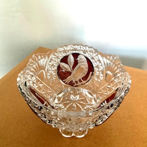 Vintage lead crystal red bird confectionery bowl - Hofbauer