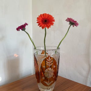 Bohemian Cut To Clear Regal Amber Vase - Vintage Faceted crystal Glass