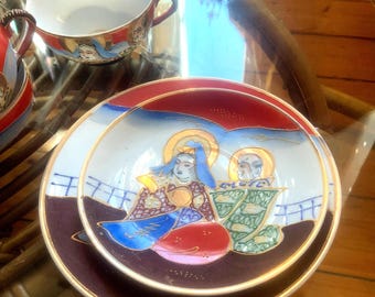 Vintage Kutani Tea Set – Hand-Painted Dragon & Lithophane Geisha, 1940s Japan