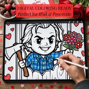May include: Digital coloring page on a tablet featuring a cartoon character holding an axe and flowers. The character is wearing a blue plaid shirt. The tablet displays the text "DIGITAL COLORING READY" and "Perfect for iPad & Procreate".