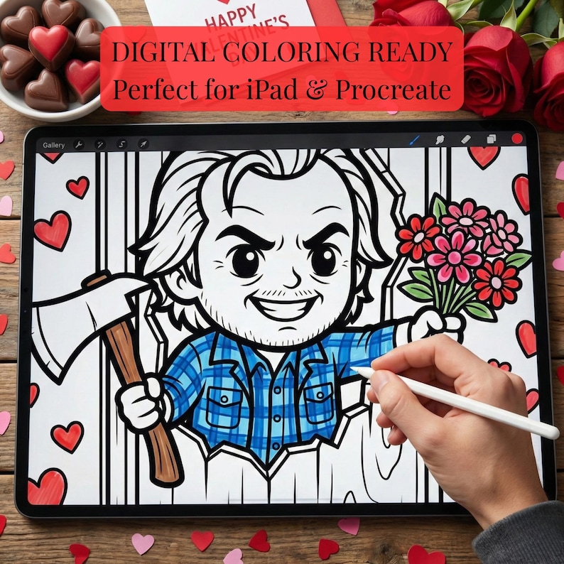 May include: Digital coloring page on a tablet featuring a cartoon character holding an axe and flowers. The character is wearing a blue plaid shirt. The tablet displays the text "DIGITAL COLORING READY" and "Perfect for iPad & Procreate".