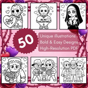 May include: A collection of 50 unique, black and white illustrations featuring horror movie characters with Valentine's Day themes. The designs are bold and easy to color, perfect for a high-resolution PDF.