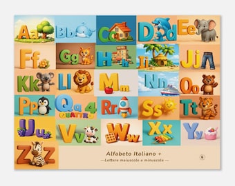 Italienisches Alphabet Poster für Kinder –Alfabeto Italiano, ABC Lernwandkunst, 3D Alphabet Print, Kinderzimmerdeko