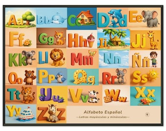 Spanisches Alphabet-Poster für Kinder - Abecedario en Español, ABC Lernwandkunst, optisches 3D-Design, Montessori-Dekor mit Metallrahmen