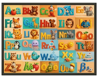 Deutsche Alphabet Poster für Kinder – Deutsches Alphabet ABC, moderne 3D Lernwandkunst, mit schwarzem Metallrahmen