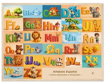 Spanisches Alphabet Poster für Kinder - Abecedario en Español, ABC Lernwandkunst, optisches 3D-Design, Montessori-Dekor mit Holzrahmen