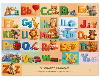 Französisches Alphabet Poster für Kinder – Abécédaire Français, ABC Lernwandkunst, 3D Alphabet Design, Kinderzimmerdeko