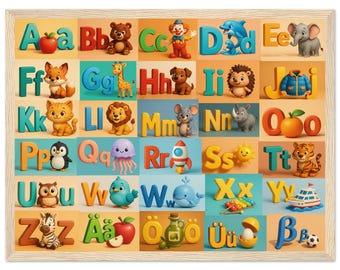 Deutsche Alphabet Poster für Kinder – Deutsches Alphabet ABC, moderne 3D Lernwandkunst, Holzrahmen
