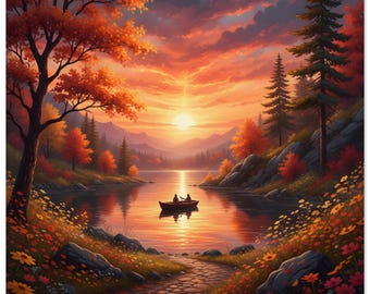 Herbstsonnenuntergang am See – Giclée-Druck | Herbst Landschaft Wand Kunst | Quadratische Größen 30x30, 40x40, 50x50, 70x70