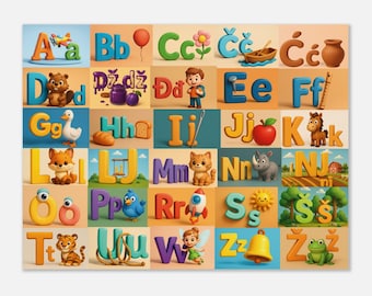 Serbisches Lateinisches Alphabet Poster für Kinder - Lehrreiche Wandkunst, 3D Alphabet Design, Kinderzimmer- & Klassenzimmerdeko