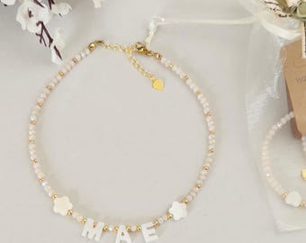 Personalized Beaded Necklace name ,  Initial Jewelry , mother of pearl necklace