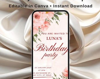 Floral Birthday Invitation Template Canva, Elegant Pink Roses Adult Party Invite