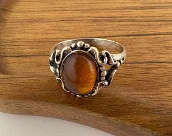 Vintage Sterling Silver Amber Ring 925 Ornate Cognac Amber Statement Size 10 Artisan Jewelry