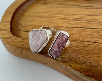 Vintage Sterling Silver Raw Amethyst Ring 925 Adjustable Double Stone Crystal Ring Purple Gemstone