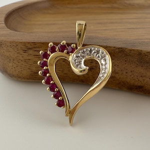 Vintage 10K Gold Ruby Heart Pendant Diamond Accent Romantic Heart (No chain)