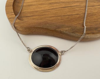 Vintage Italian Sterling Silver Black Onyx Choker Necklace 925 Italy Modernist Pendant