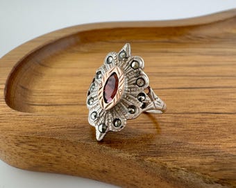 Vintage European Silver Marcasite Ring Rose Gold Overlay Purple Stone Art Deco Sz 6