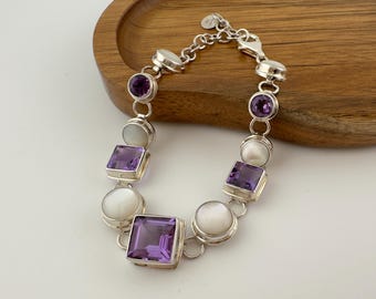 Vintage Amethyst Mother of Pearl Bracelet Sterling Silver 925 Purple Gemstone Link Bracelet
