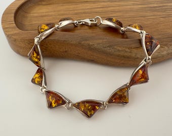 Vintage Sterling Silver Amber Bracelet 925 Triangle Cognac Amber 7.5 Inch Geometric Jewelry