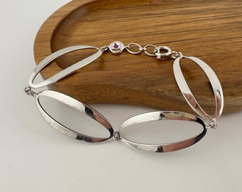 ELLE Sterling Silver Oval Link Bracelet 925 Signature Ruby Modernist Designer Estate Bracelet Adjustable
