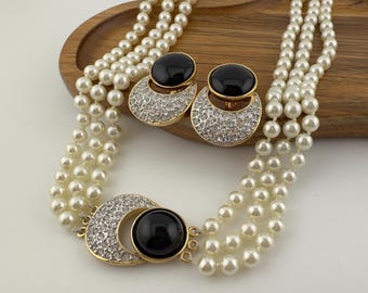 Vintage Butler Necklace Earring Set Signed Three Strand Faux Pearl Opera Necklace
