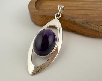 Vintage Amethyst Pendant Sterling Silver 925 Large Dark Purple Cabochon Statement Pendant (no chain)