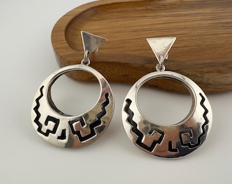 Vintage Mexican Sterling Silver Earrings 925 Mexico Oxidized Geometric Statement Drops