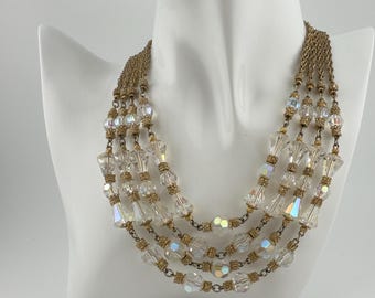 Rare Vintage Vendome Aurora Borealis Crystal Necklace Multi Strand Gold Tone Necklace