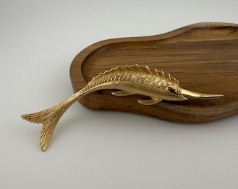 Vintage Monet Gold Tone Swordfish Brooch Signed Fish Pin Nautical Jewelry