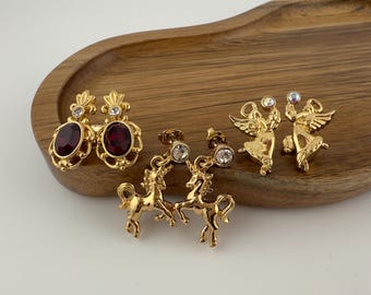 Vintage Avon Earrings Angel Unicorn Pineapple Gold Tone Rhinestone Stud Earrings