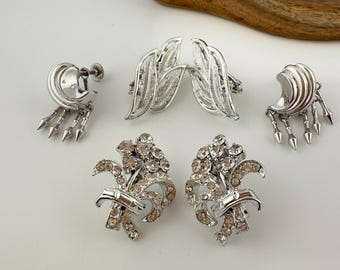 Vintage Coro Silver Tone Rhinestone Earrings Clip On Screw Back Options