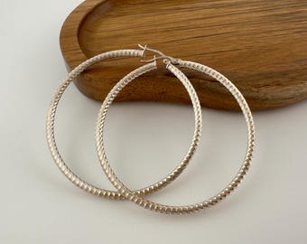 Vintage Sterling Silver Large Hoop Earrings 925 Thai Textured 51mm Statement Hoops