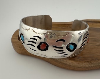 Vintage Sterling Silver Turquoise Coral Cuff Bear Claw Bracelet Native Style Signed Spencer