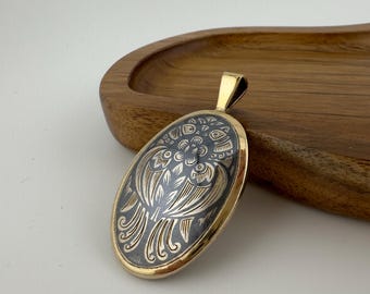 Vintage Sterling Silver Engraved Pendant – Oval Floral and Two Birds (no chain)