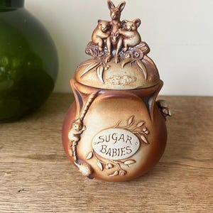 Novelty Sugar Bowl, Swagman Pottery Jar, Vintage Australian Ceramic, Kangaroo Koala Wombat, Native Animal Crock, Studio Art Lidded