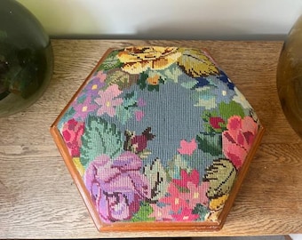 Vintage Hexagonal Wooden Footstool with Floral Tapestry Upholstery Mid Century Needlepoint Ottoman Country Cottage Foot Rest Hexagon Stool