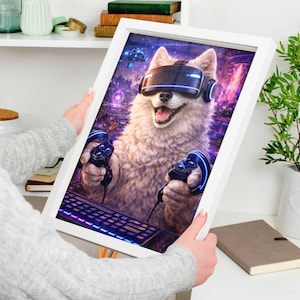 May include: A framed print featuring a white dog wearing a VR headset and holding controllers, immersed in a virtual reality scene. The artwork has a futuristic, neon-lit aesthetic with a keyboard in the foreground. The dog appears happy and engaged in the game.