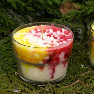 May include: Two glass jar candles with layered wax in white, yellow, and red hues. The candles have a wick and are decorated with white, petal-shaped wax pieces. The candles are set on a bed of green foliage.