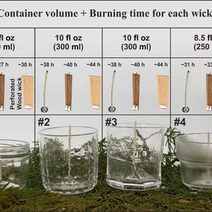 May include: Image showing candle containers with different wick types and burn times. The text indicates container volumes of 7.1 fl oz (210 ml), 10 fl oz (300 ml), and 8.5 fl oz (250 ml). Wicks include cotton, wood cross, and perforated wood, with burn times ranging from approximately 25 to 44 hours.