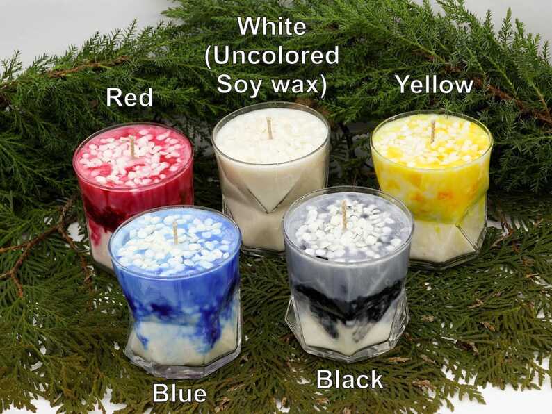 May include: Five soy wax candles in clear glass containers, each with a wick and decorative wax chips. Colors include red, white, yellow, blue, and black. The text on the image reads: White (Uncolored Soy wax).