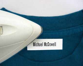 100 Pre-Cut Iron On Personalized Clothing Name Labels / Tags for Nursing Homes, Camp, College, Day Care, Uniforms and Crafts w/ Font Choice
