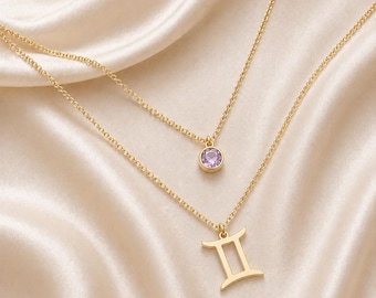 Naszyjnik z kamieniem zodiaku, spersonalizowany wisiorek ze znakiem zodiaku, naszyjnik z konstelacją, prezent na Dzień Matki, biżuteria astrologiczna dla niej