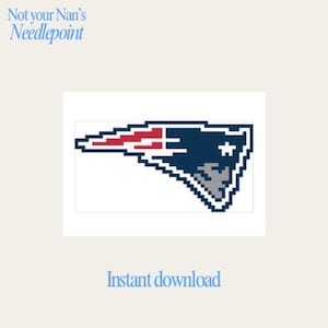 May include: A pixelated image of the New England Patriots logo, featuring a navy blue, red, and white color scheme. The logo is a stylized head with a star. The text "Not your Nan's Needlepoint" and "Instant download" are also present.